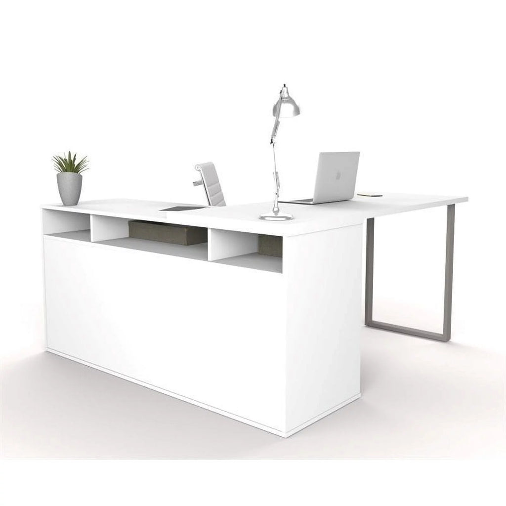 White Wood L-Shaped Computer Desk with Storage V5676