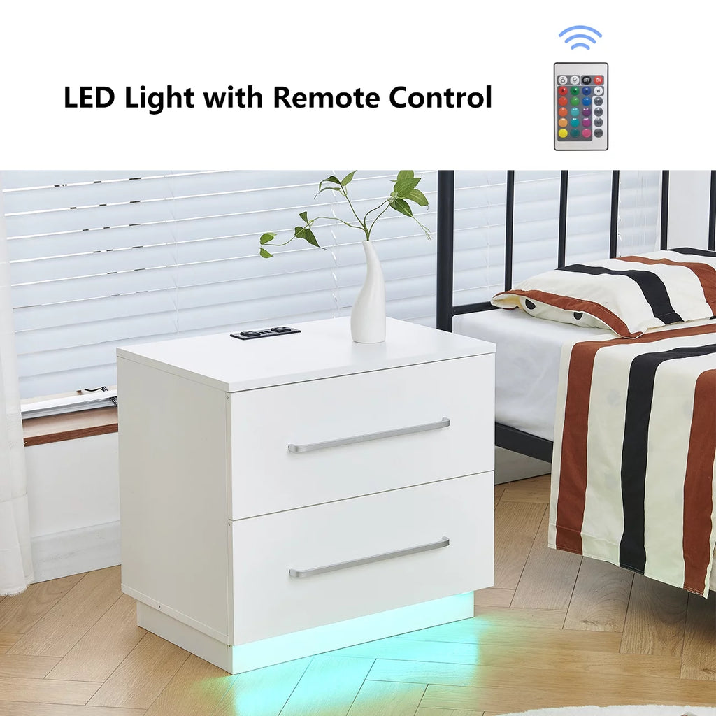 White High Gloss End Table with Charging Station and Storage Drawer U68501