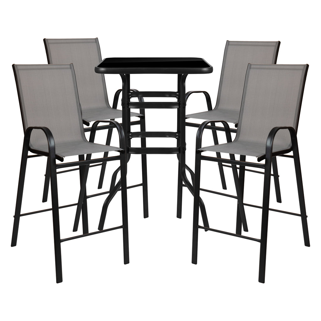 4-Person Outdoor Glass Bar Table with Gray Patio Stools Z90022