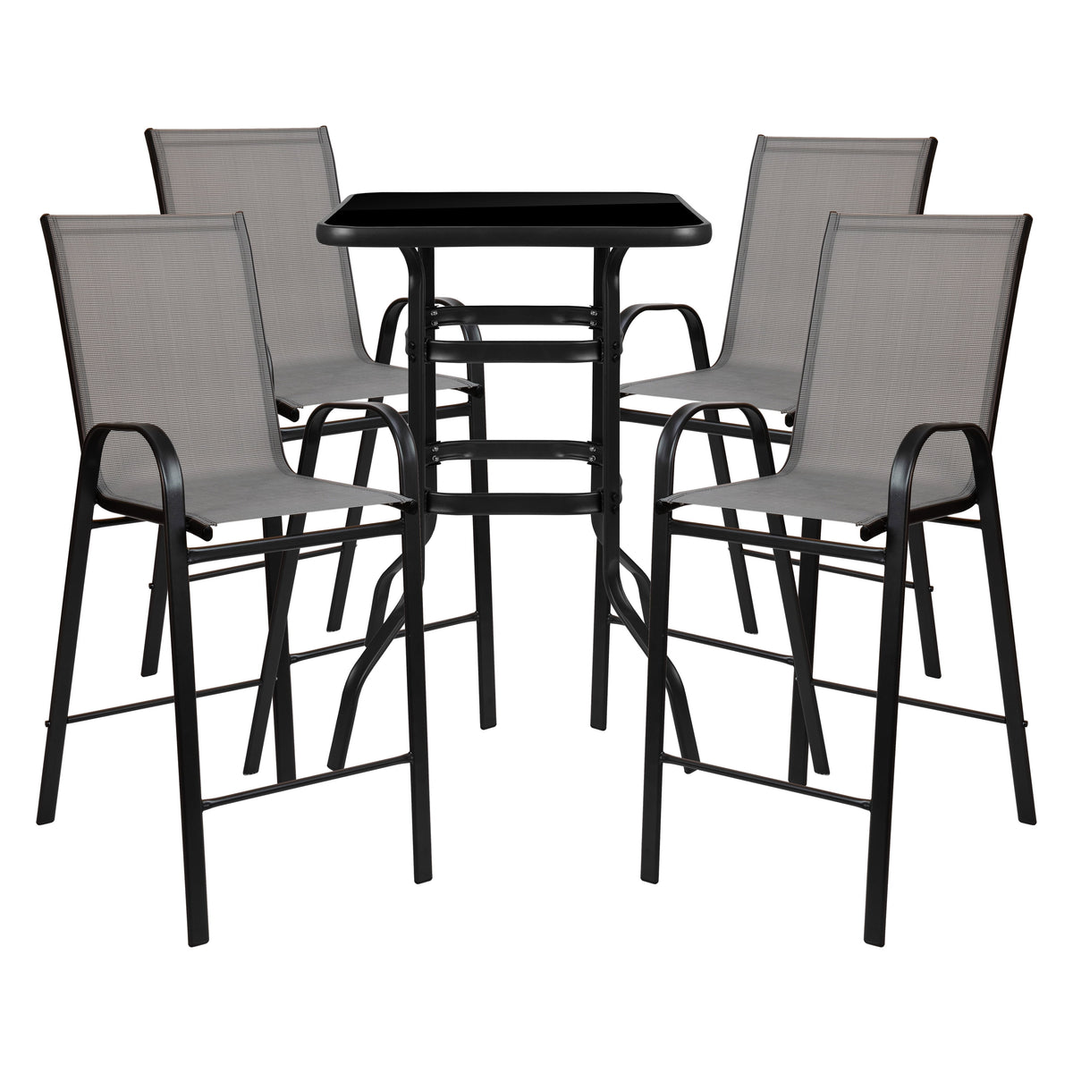 4-Person Outdoor Glass Bar Table with Gray Patio Stools Z90022