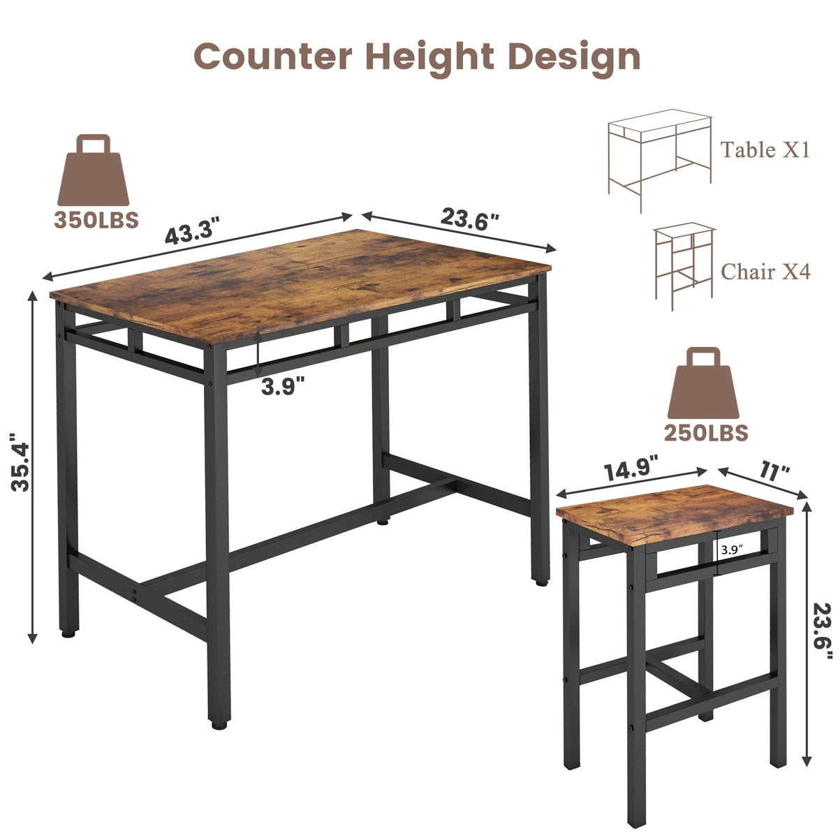 Bar Table Set of 5 Counter Height Dining Table & 4 Stools Rustic Brown O1496