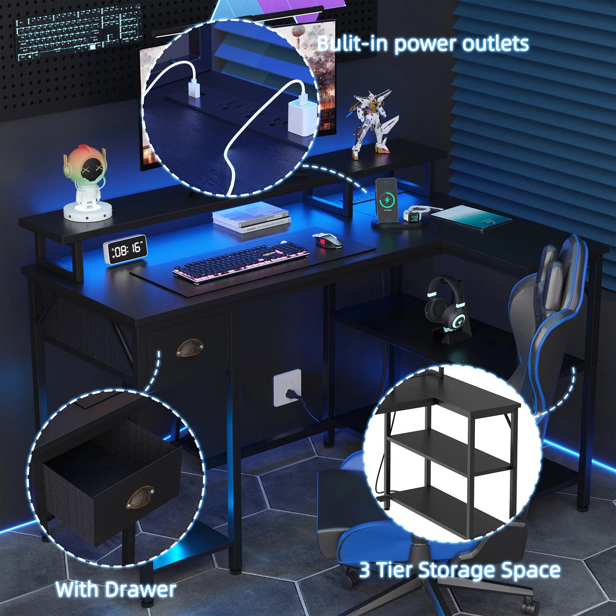 Black L Shaped Desk with Storage Shelves and Drawer T3477