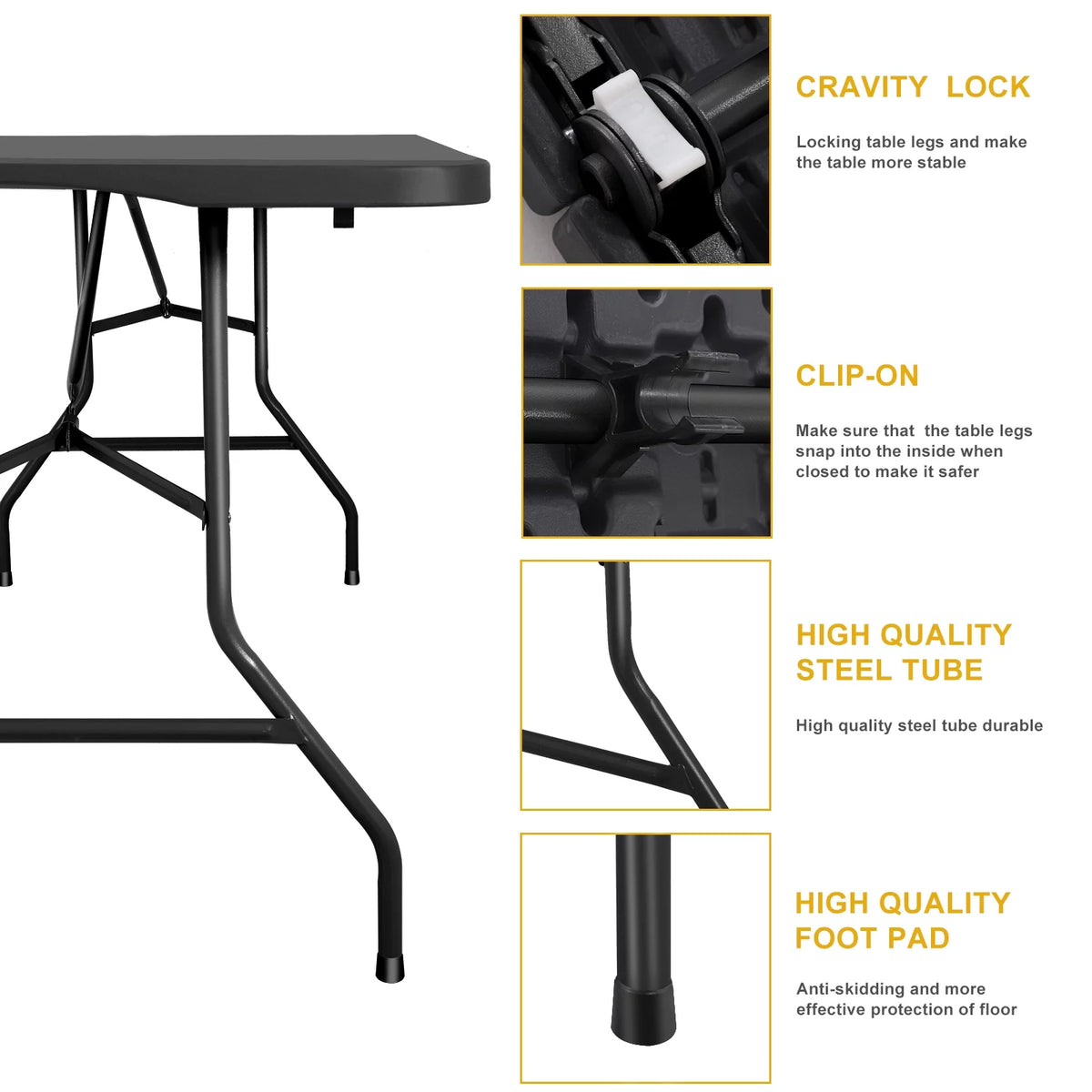 6 ft Rectangular Black Plastic Folding Table I7104
