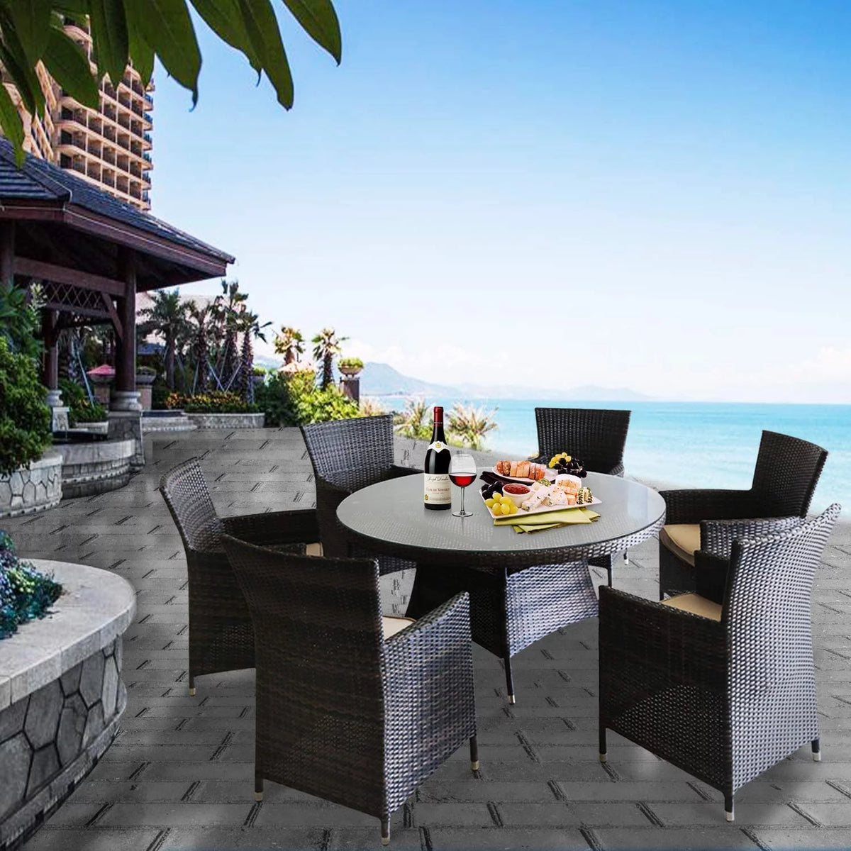 7 Pcs Wicker Patio Dining Set with Umbrella Hole R887991