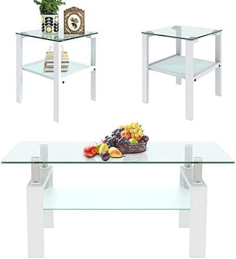 Glass Coffee Table End Table Set of 3 White Metal Leg Tempered M96369