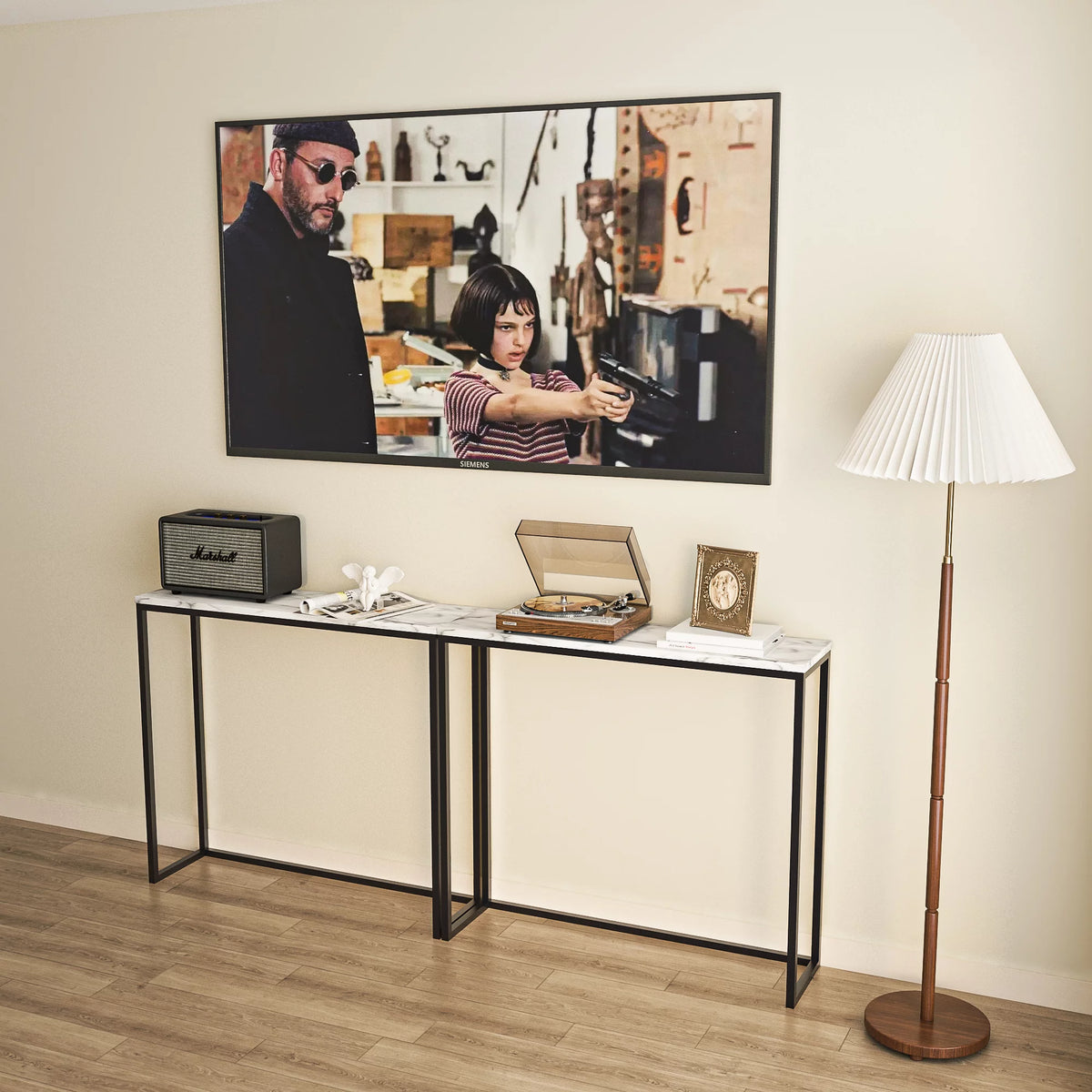 36" Faux Marble Console Table with Black Metal Frame S1867