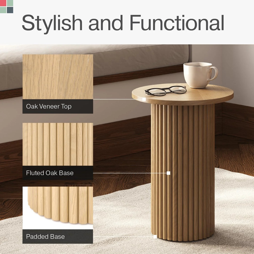 Round Fluted Wooden Side Table with Solid Oak Base A231444