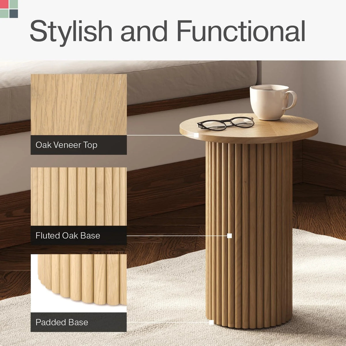 Round Fluted Wooden Side Table with Solid Oak Base A231444