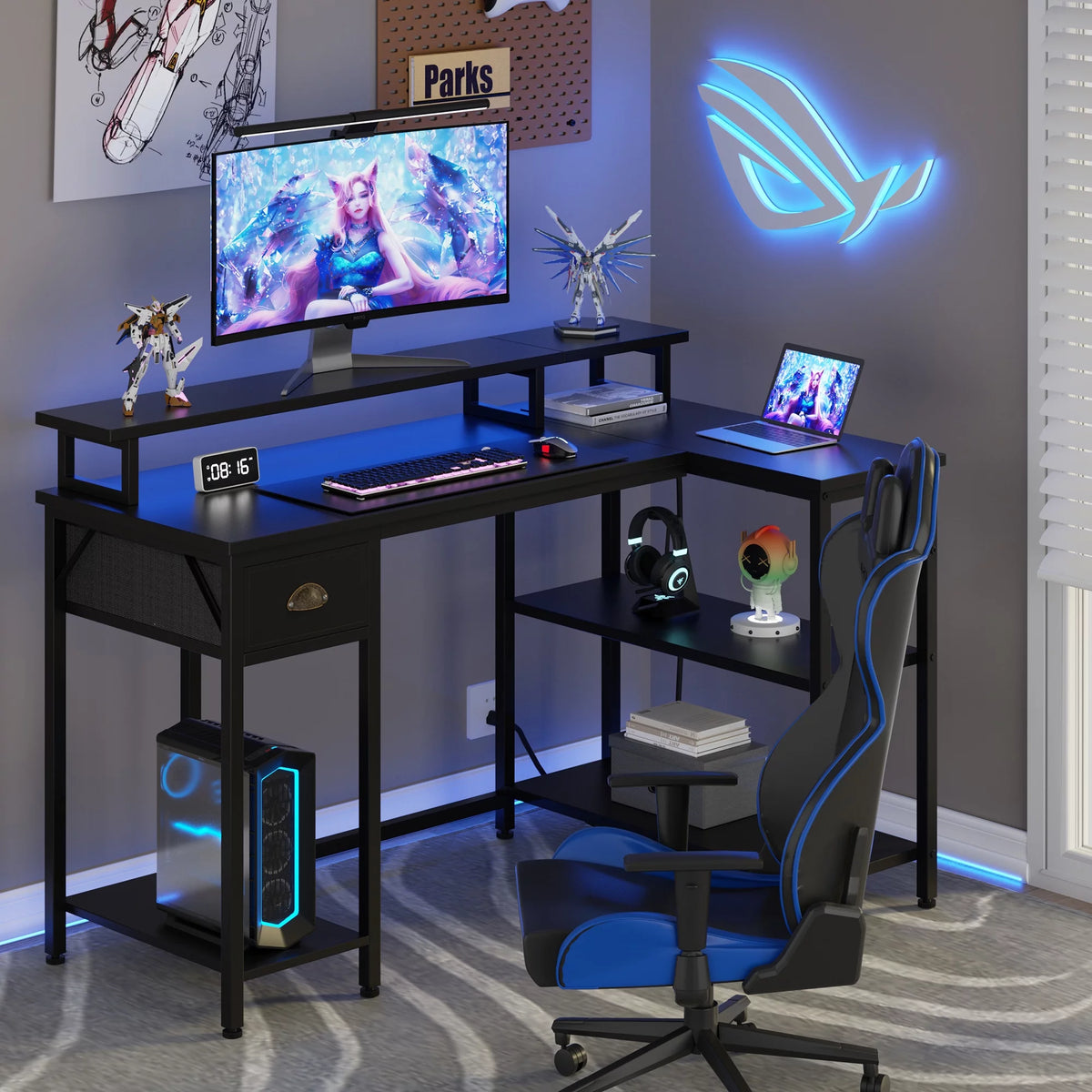 Black L Shaped Desk with Storage Shelves and Drawer T3477