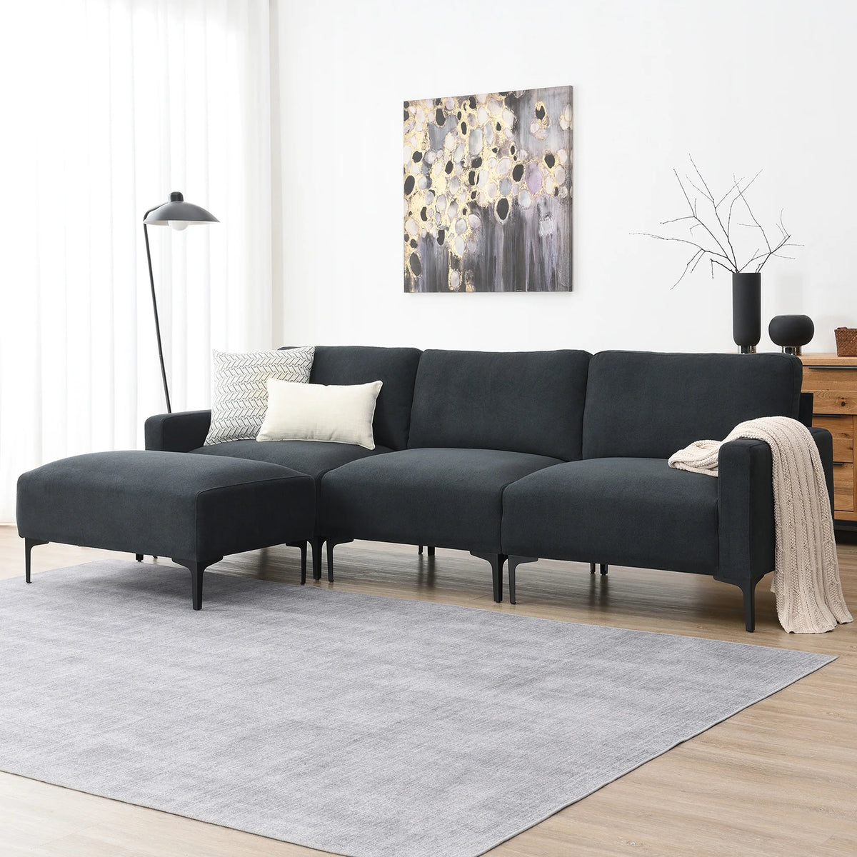 Dark Gray Velvet L Shaped Sectional Sofa with Ottoman C71030