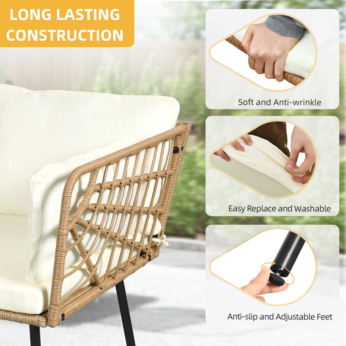 Beige Wicker L-Shaped Sofa Set with Cushions and Coffee Table W10071