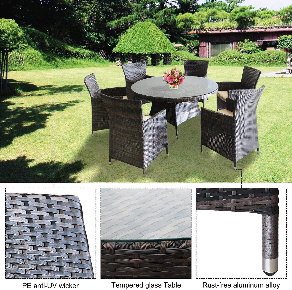 7 Pcs Wicker Patio Dining Set with Umbrella Hole R887991