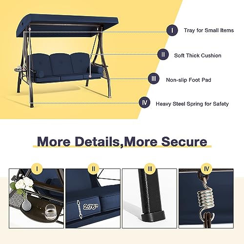 3 Person Outdoor Porch Swing with Cup Holder, Canopy, Cushions W481244