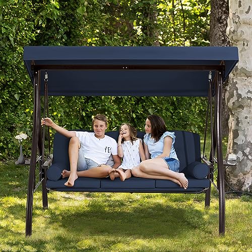 3 Person Outdoor Porch Swing with Cup Holder, Canopy, Cushions W481244