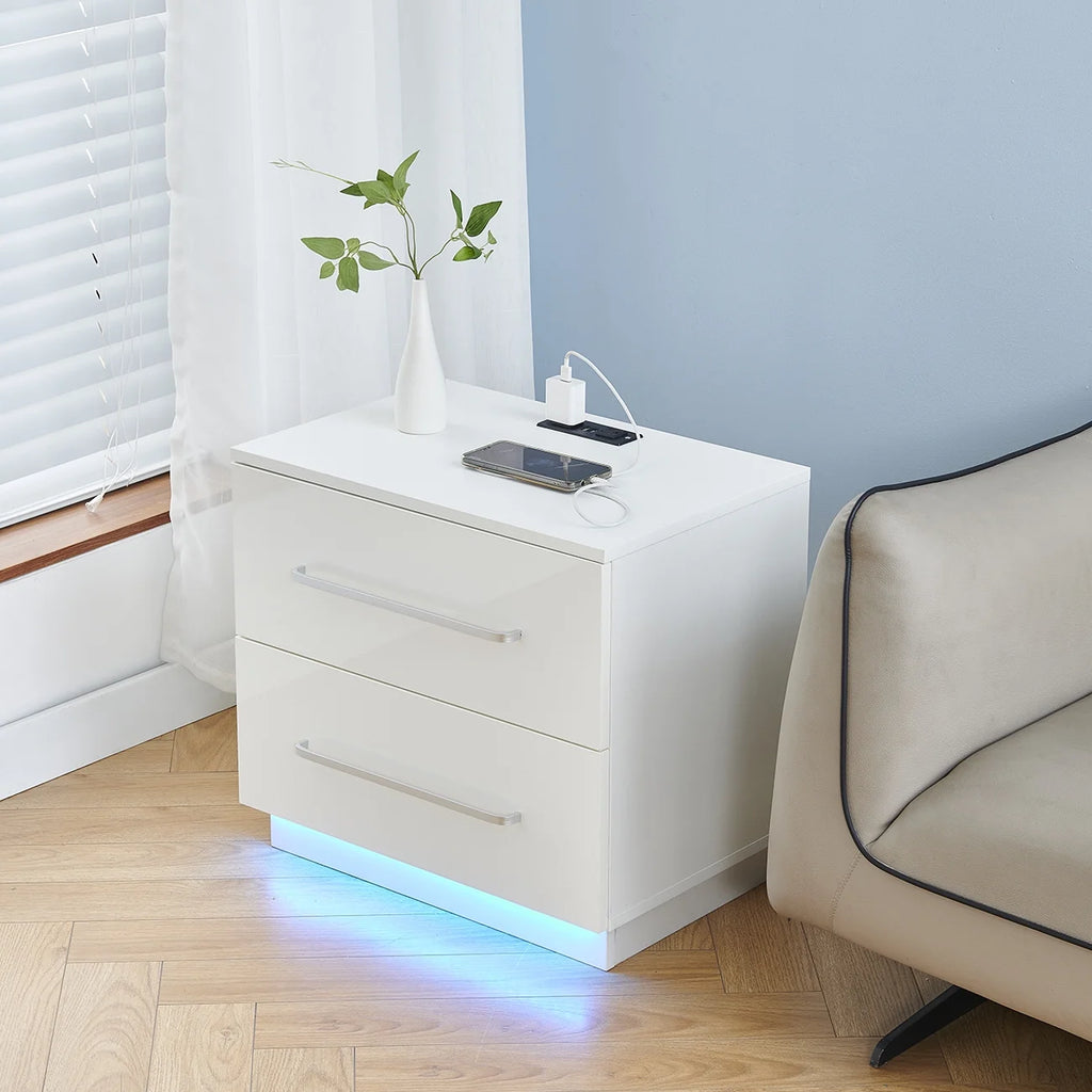 White High Gloss End Table with Charging Station and Storage Drawer U68501
