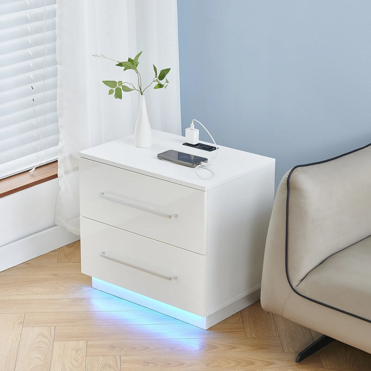 White High Gloss End Table with Charging Station and Storage Drawer U68501