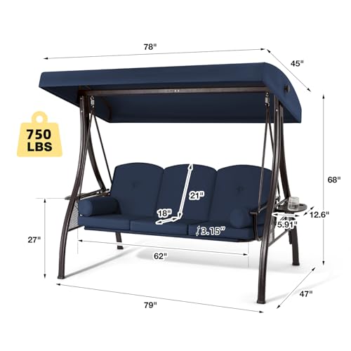 3 Person Outdoor Porch Swing with Cup Holder, Canopy, Cushions W481244