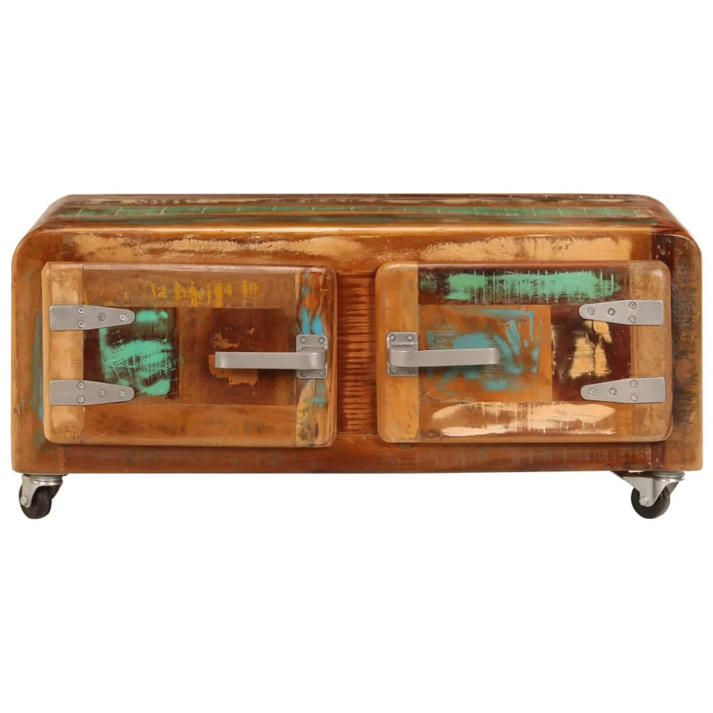Rustic Coffee Table with Storage Cabinet and Wheels Reclaimed Wood H651