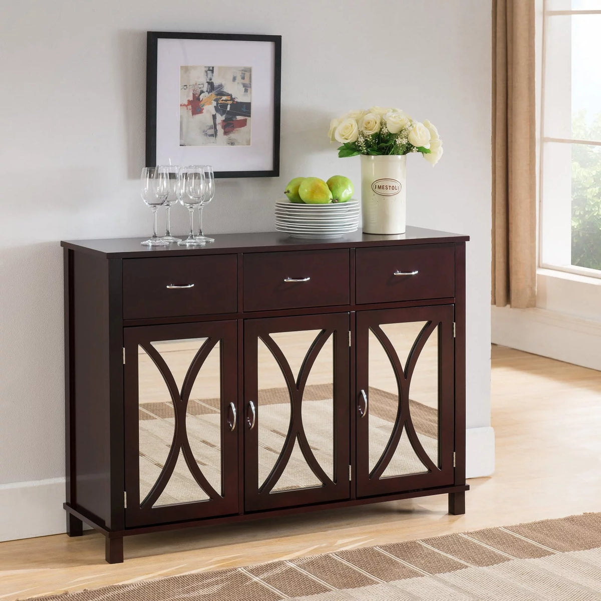 Espresso Wood 3 Door 3 Drawer Storage Cabinet R393859