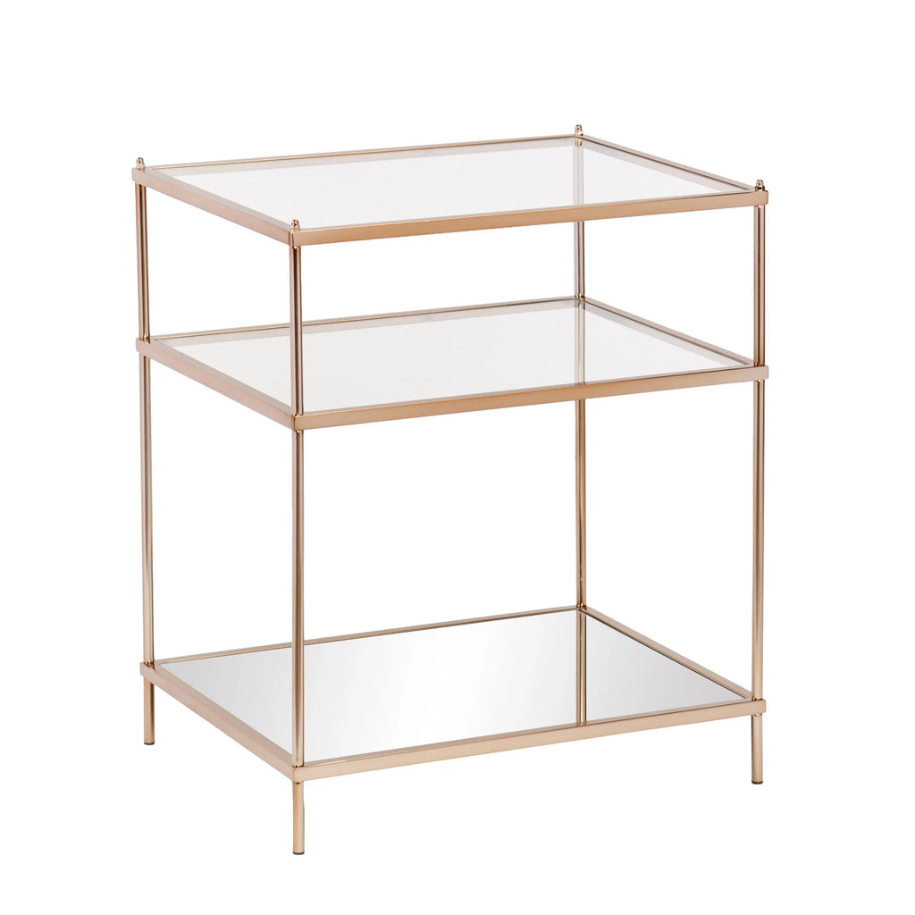27 in. Glass & Iron Mirrored End Table with Shelf Q648