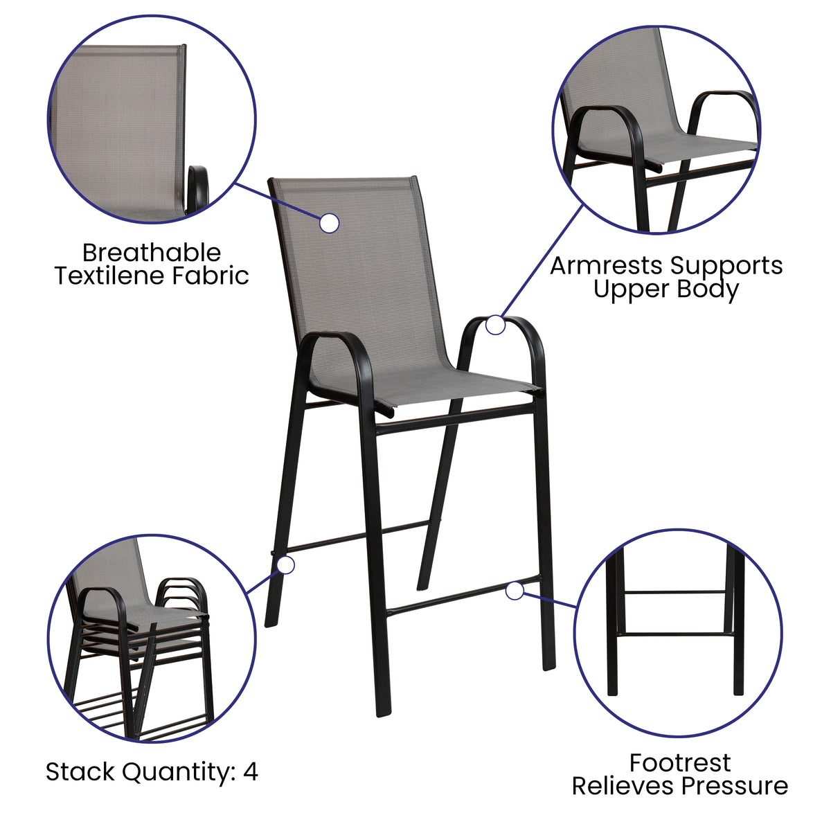 4-Person Outdoor Glass Bar Table with Gray Patio Stools Z90022
