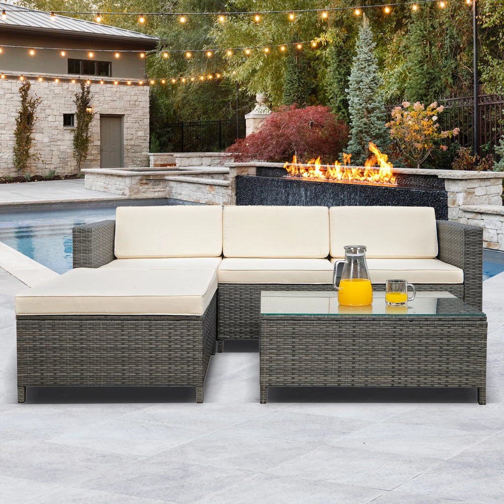 5 Piece Grey PE Rattan Wicker Patio Sofa Set with Glass Coffee Table P104752
