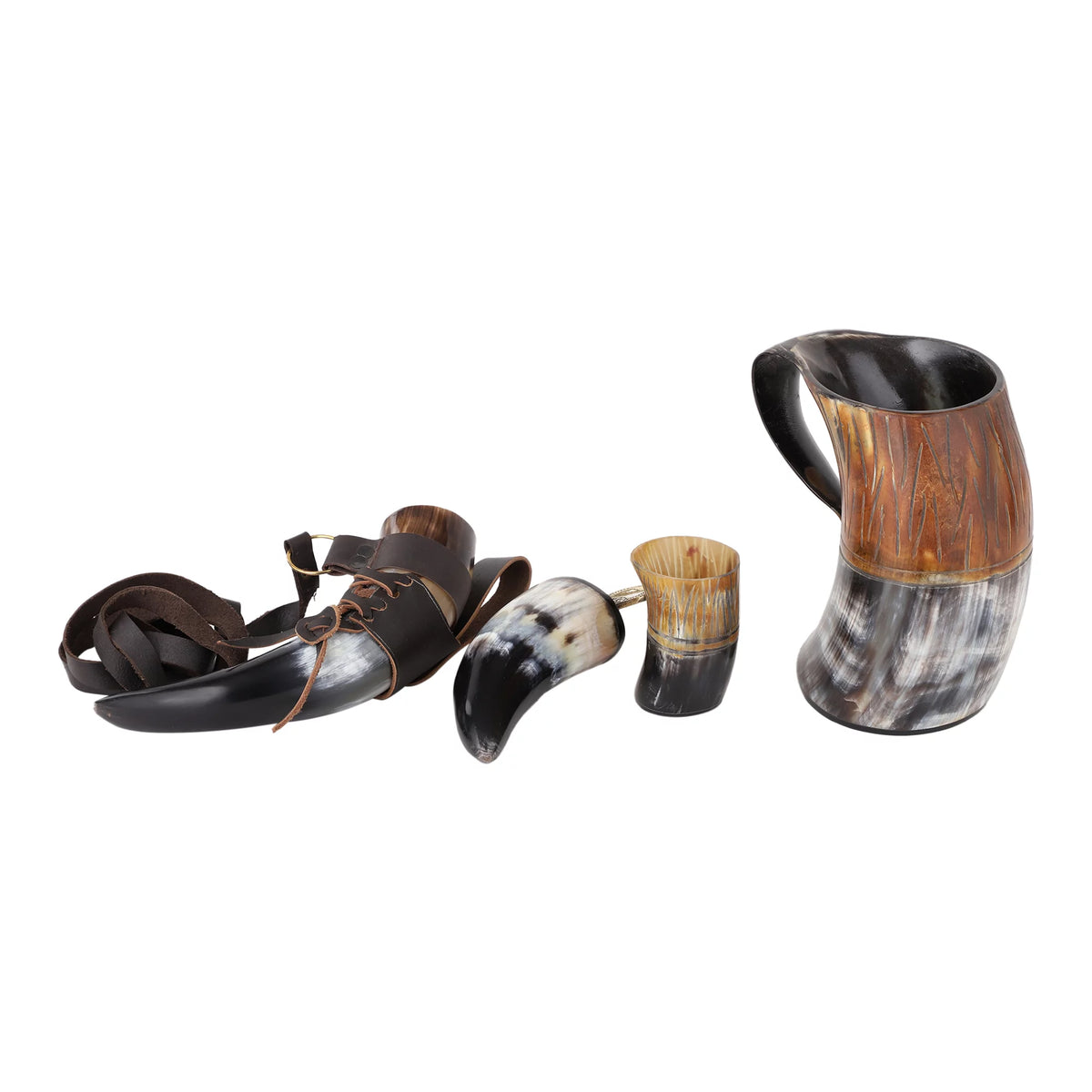 Handmade Natural Ox-Horn Drinking Horn Set with Belt Holster O26001