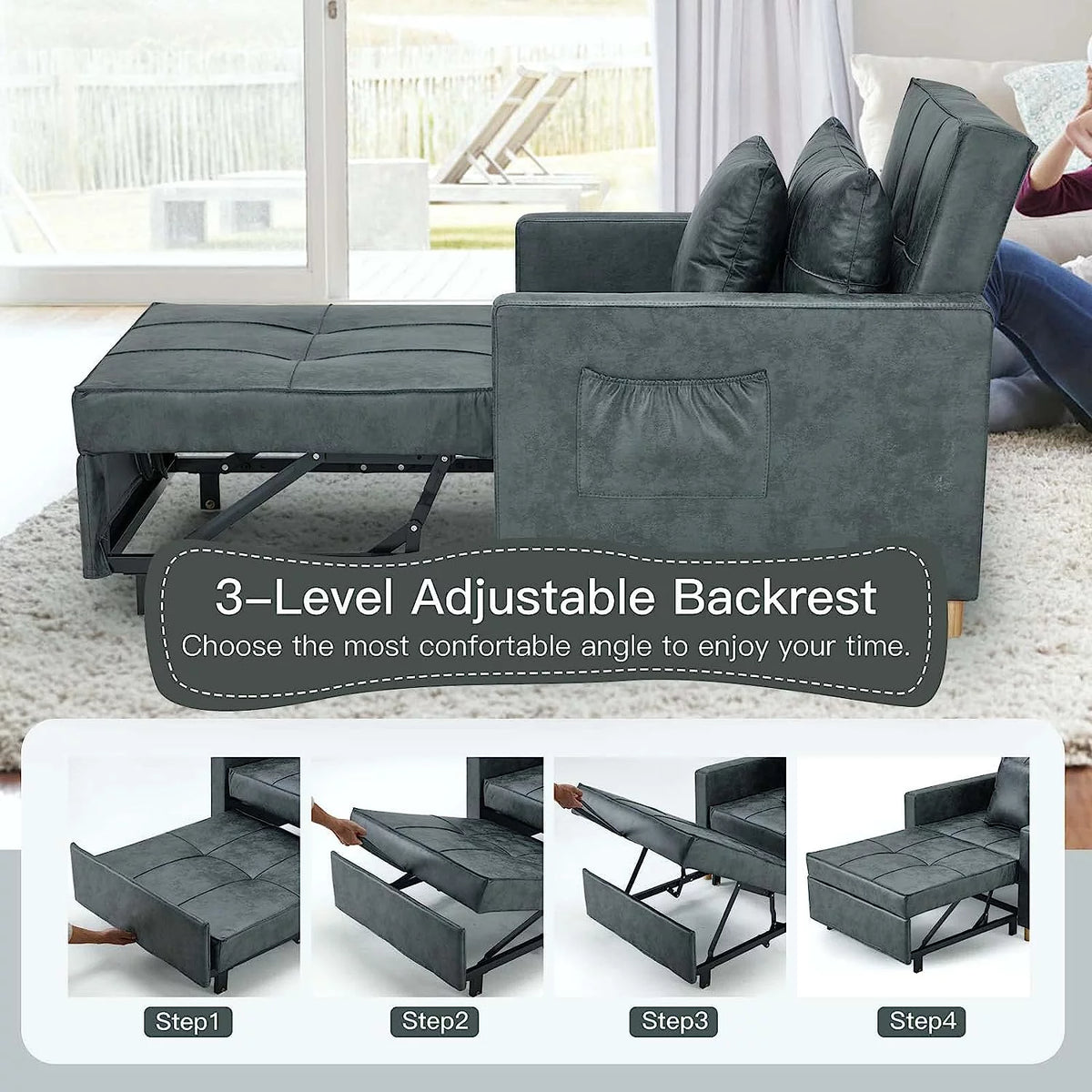 3-in-1 Convertible Chair Bed Sleeper with Adjustable Backrest and 2 Pillows O693
