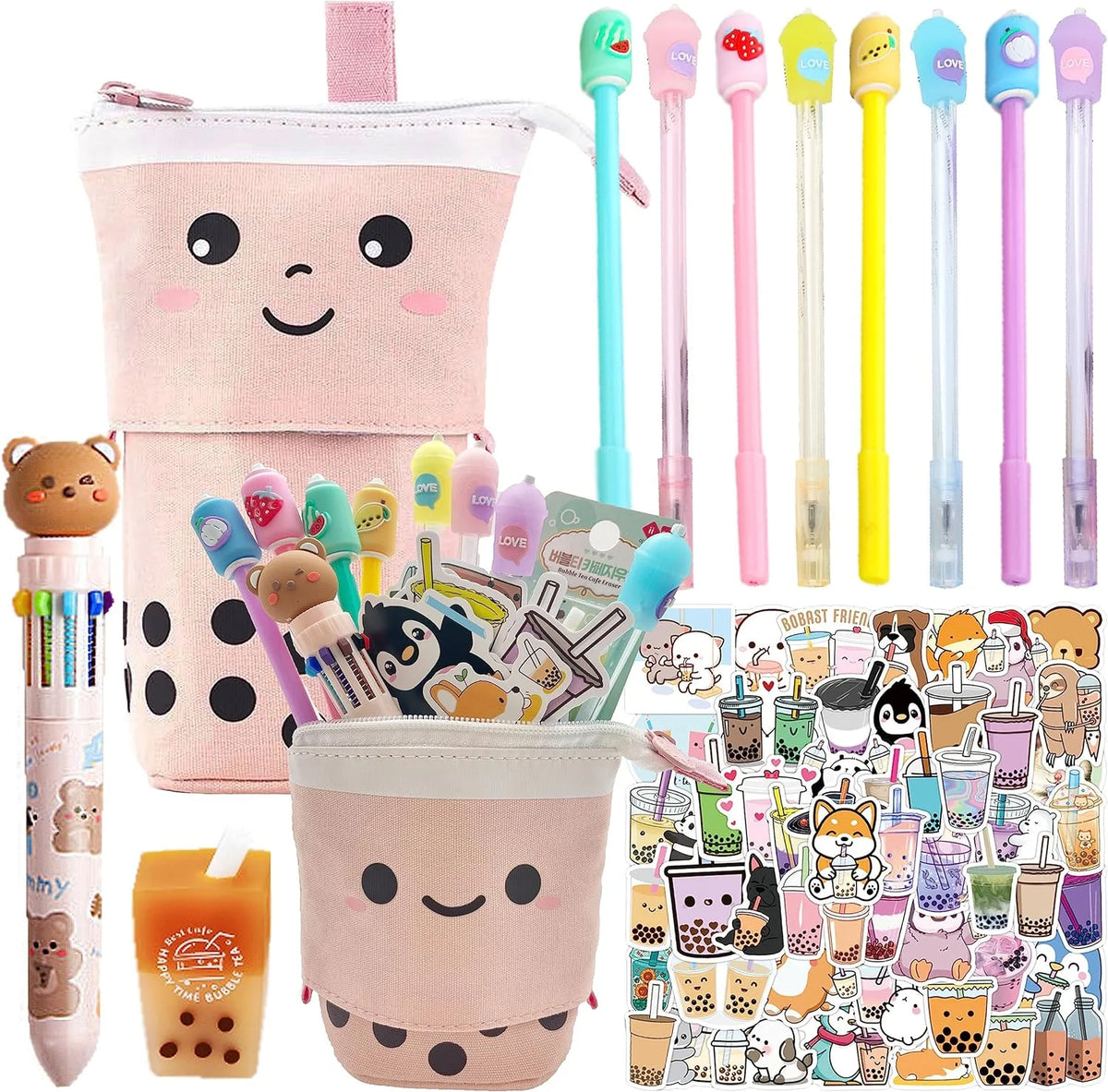 Kawaii Stationery Set with Pop Up Pencil Case, Eraser, 8 Pens, 50 Pcs Stickers V552960