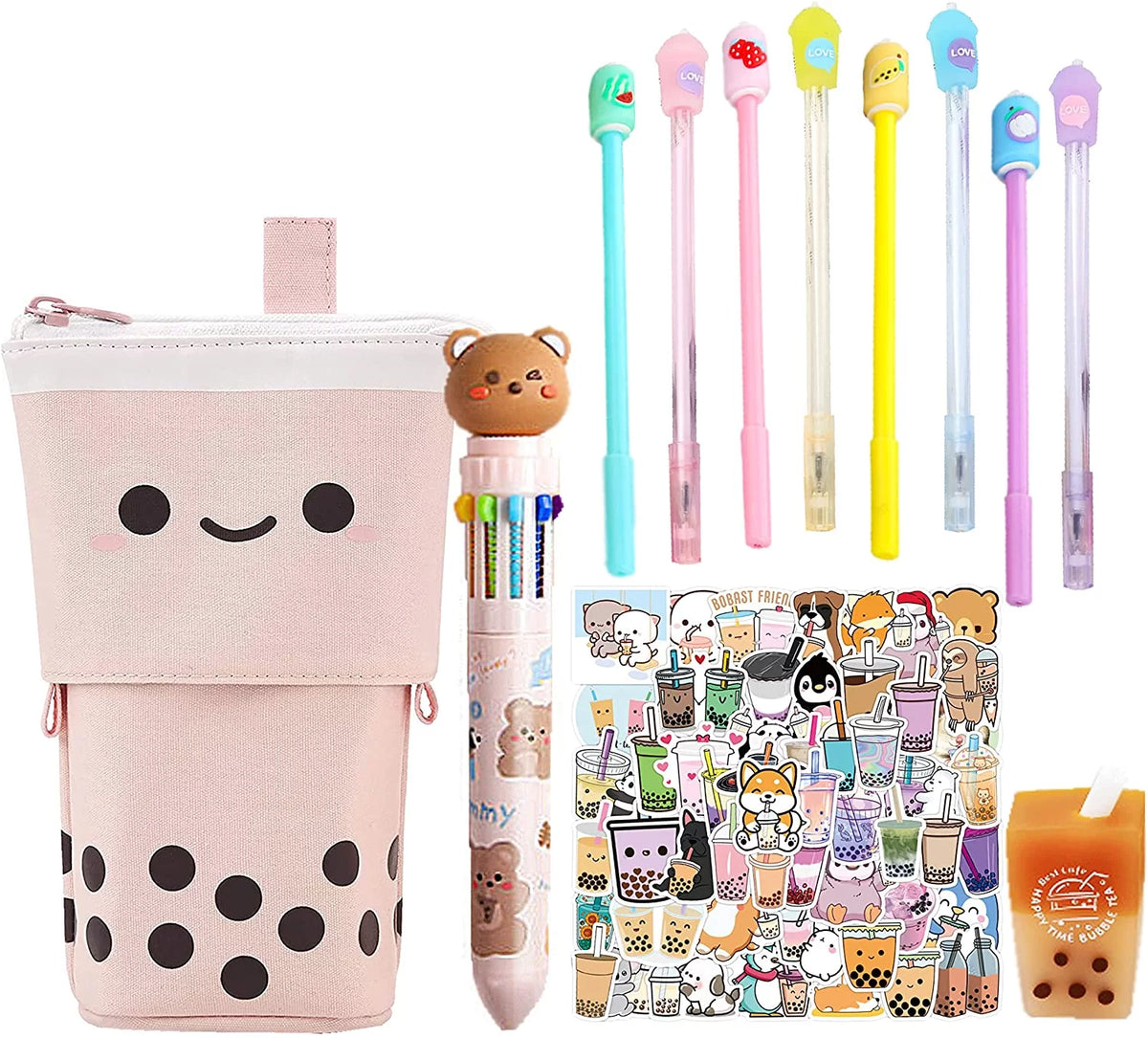 Kawaii Stationery Set with Pop Up Pencil Case, Eraser, 8 Pens, 50 Pcs Stickers V552960