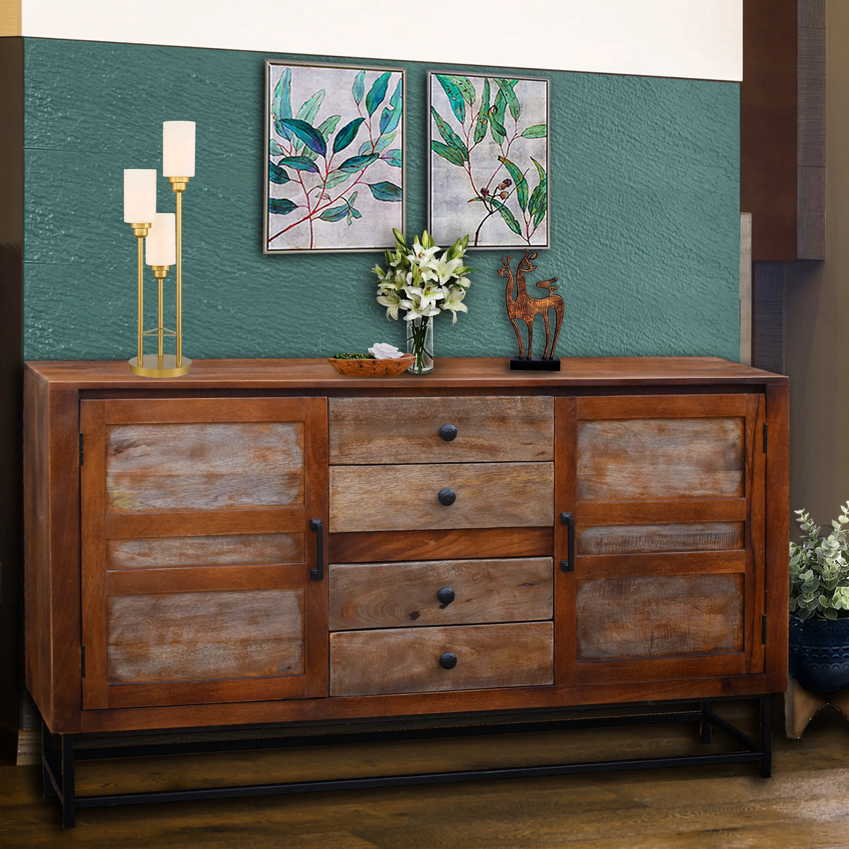 Recycled Mango Wood Sideboard with 4 Drawers and 2 Doors Z295
