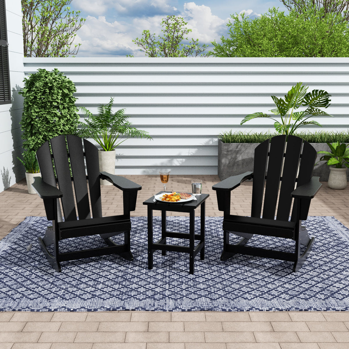 Black 3 Piece Outdoor Rocking Chair Set with Side Table Q7943