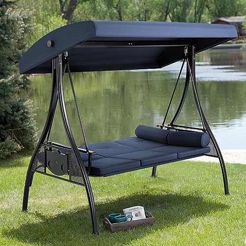 3 Person Outdoor Porch Swing with Cup Holder, Canopy, Cushions W481244