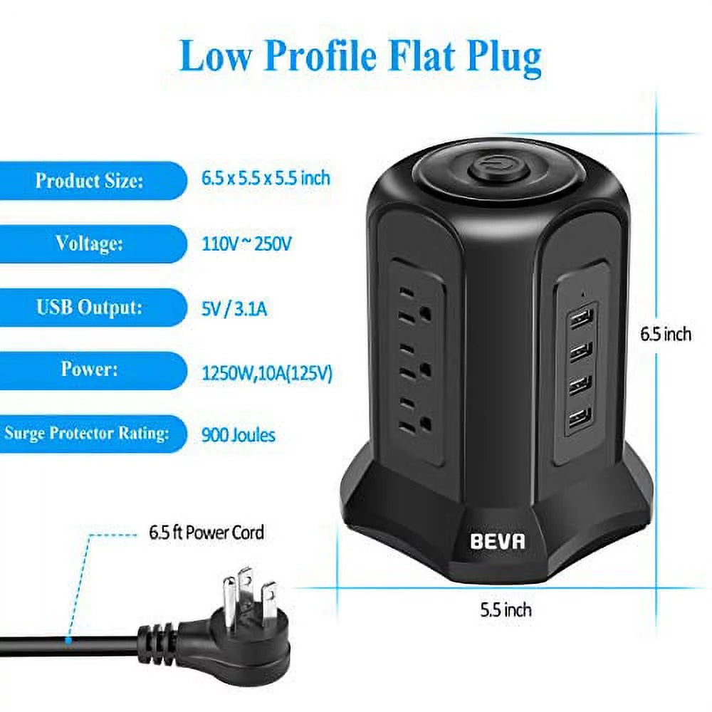 Black Power Strip Tower Surge Protector with 9 AC Outlets 4 USB Ports 6 ft Extension Cord V863