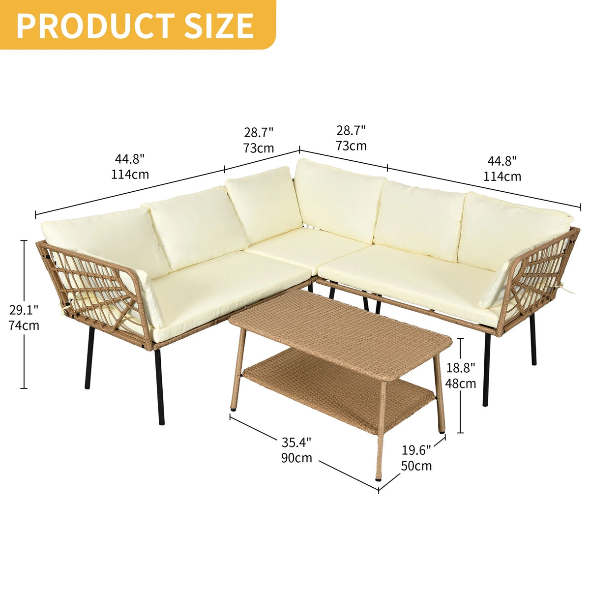 Beige Wicker L-Shaped Sofa Set with Cushions and Coffee Table W10071