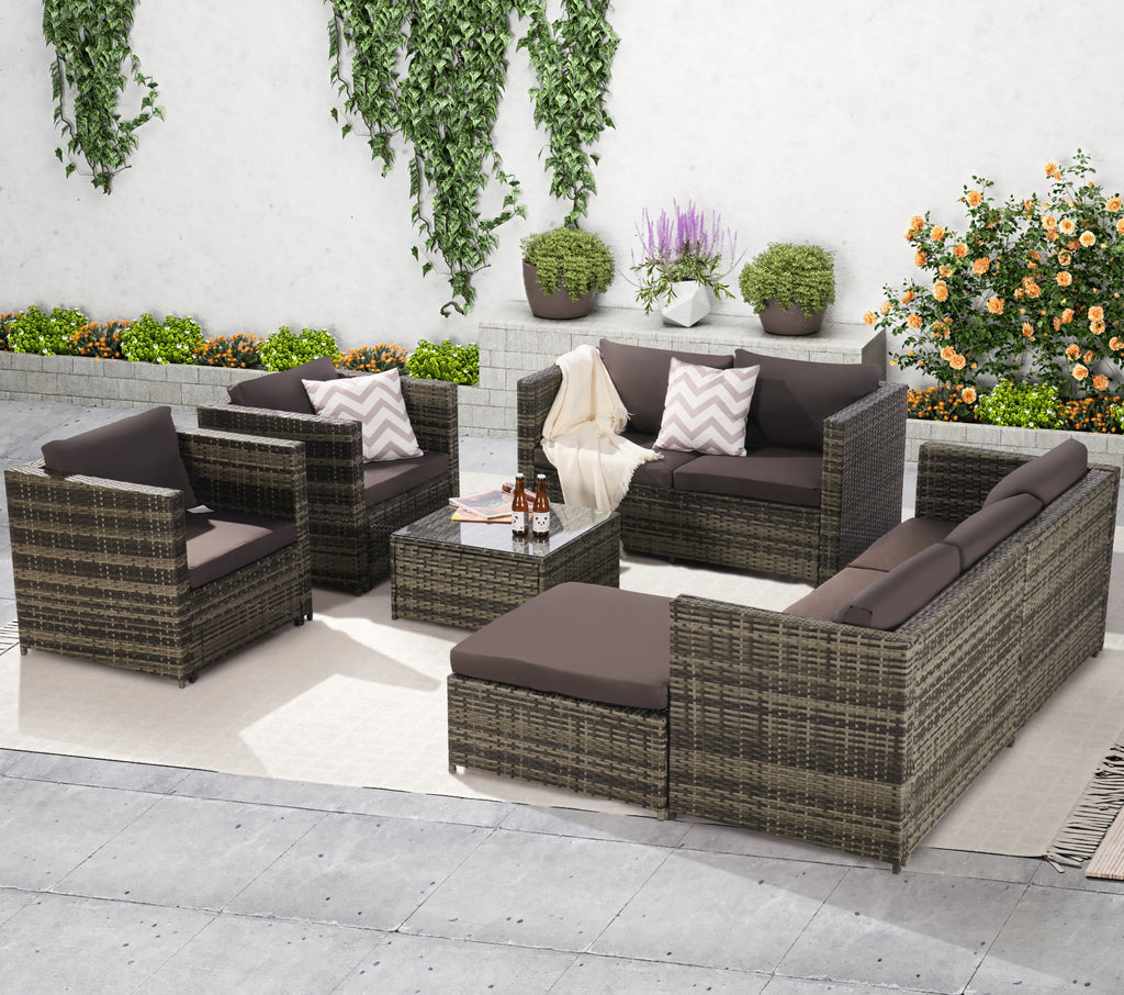 6 Pieces All-Weather Wicker Patio Furniture Set with Coffee Table & Ottoman H68864