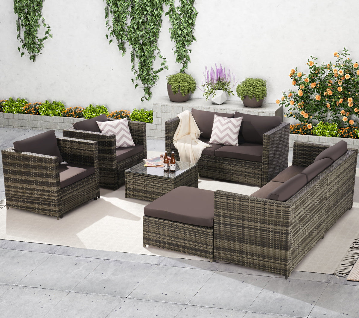 6 Pieces All-Weather Wicker Patio Furniture Set with Coffee Table & Ottoman H68864