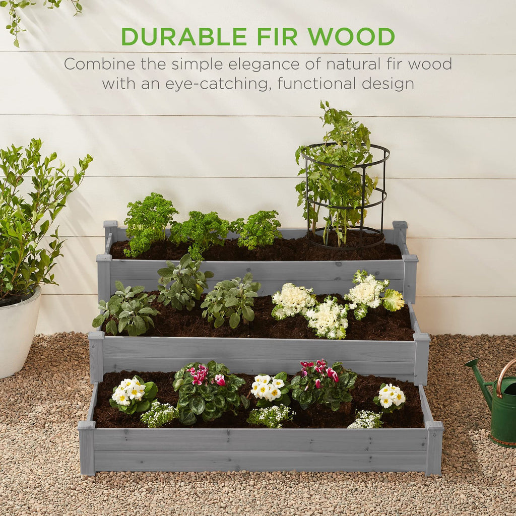 3-Tier Raised Fir Wood Garden Bed Planter O66955