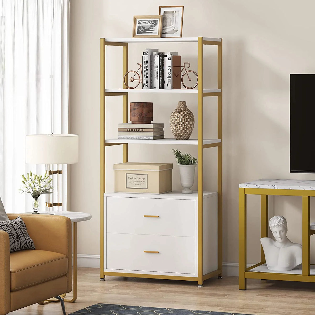 4-Tier Bookshelf with 2 Drawers Y3834