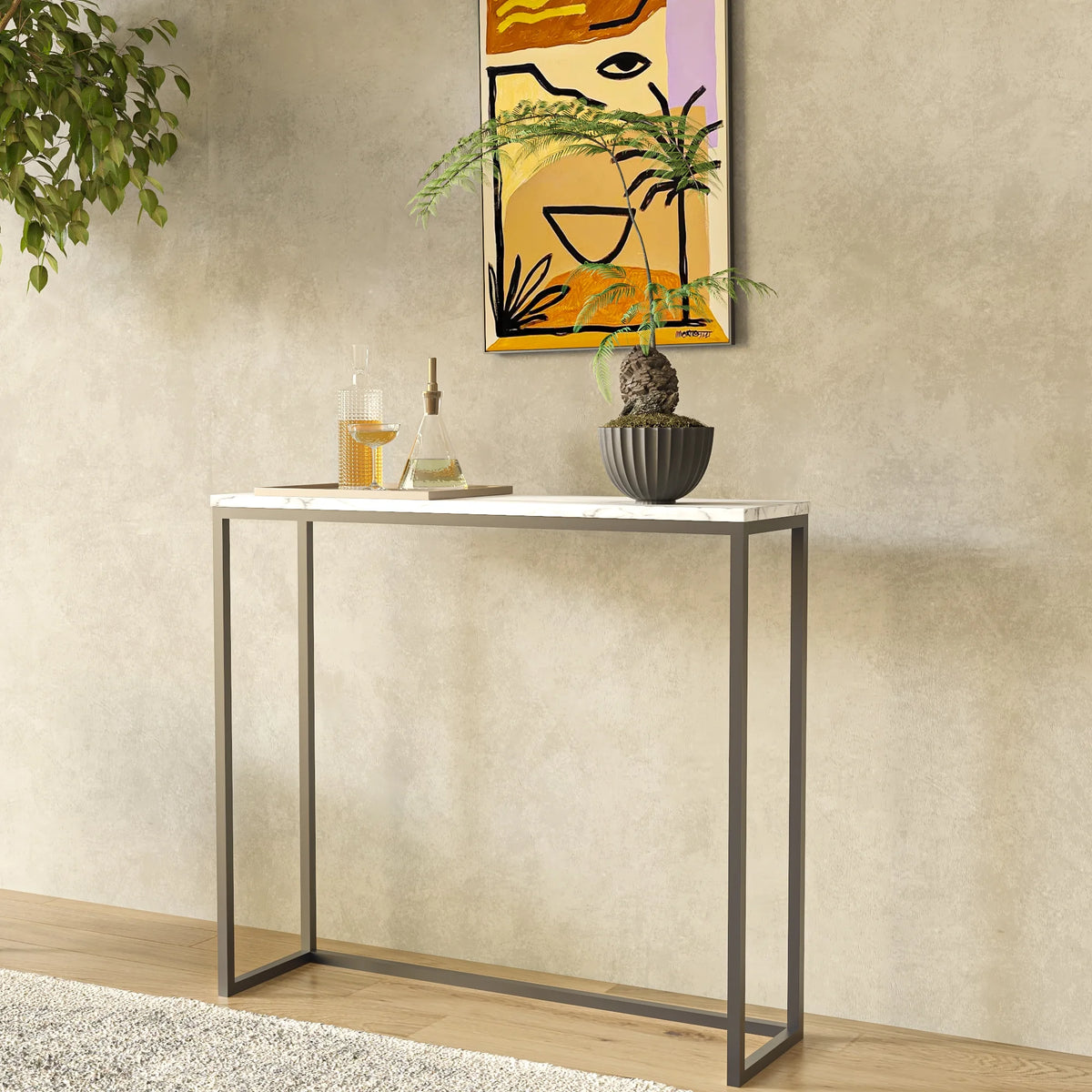 36" Faux Marble Console Table with Black Metal Frame S1867