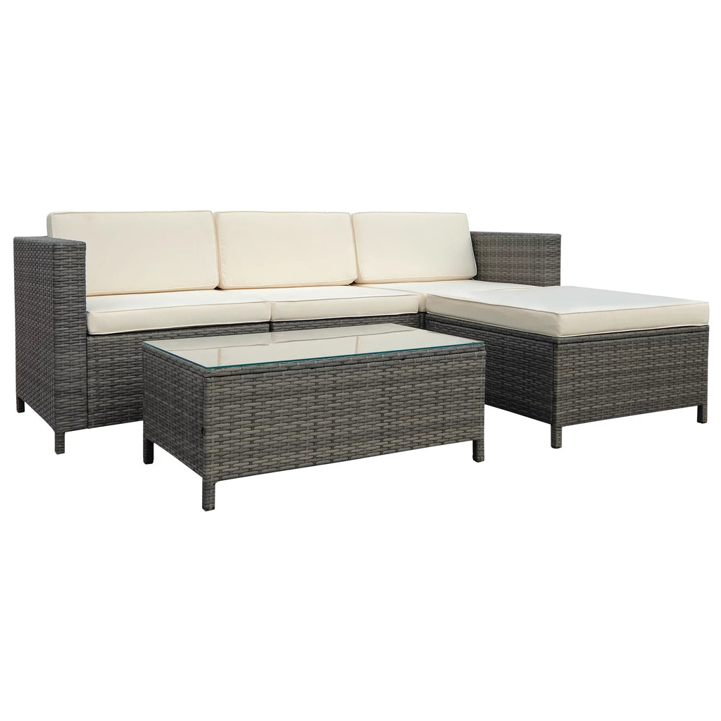 5 Piece Grey PE Rattan Wicker Patio Sofa Set with Glass Coffee Table P104752