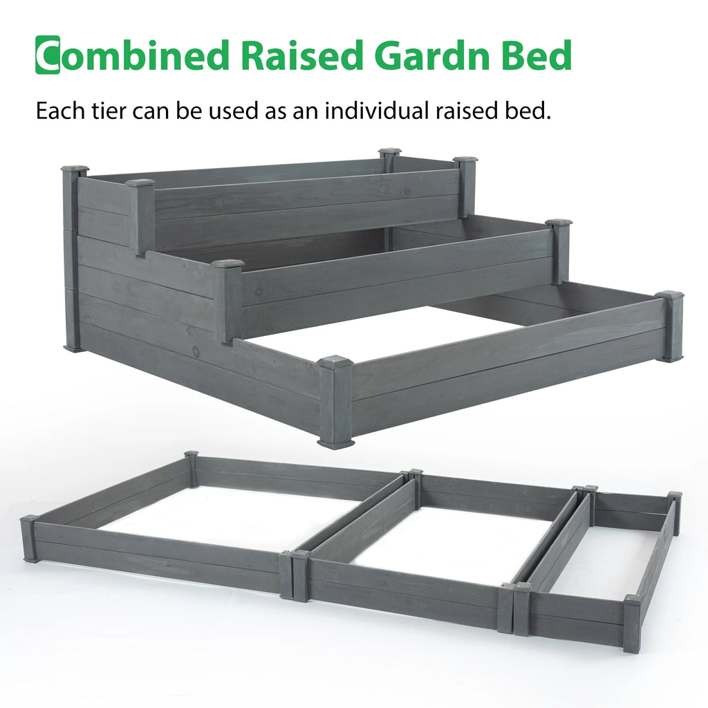3-Tier Raised Fir Wood Garden Bed Planter O66955