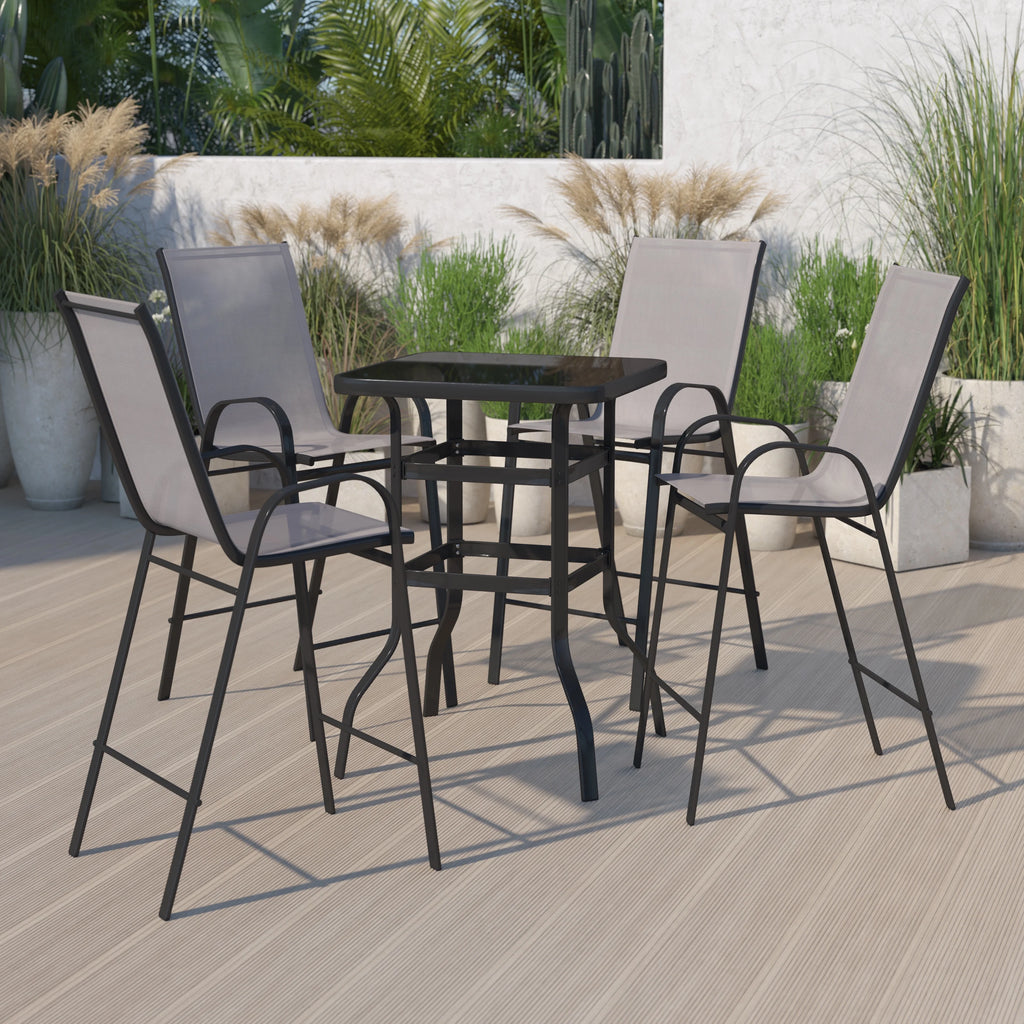4-Person Outdoor Glass Bar Table with Gray Patio Stools Z90022