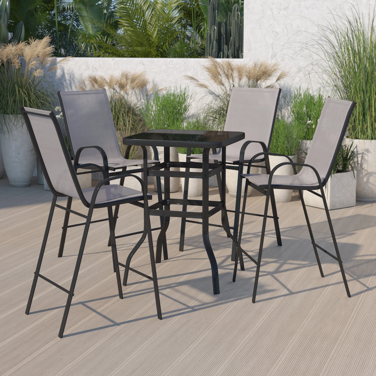 4-Person Outdoor Glass Bar Table with Gray Patio Stools Z90022