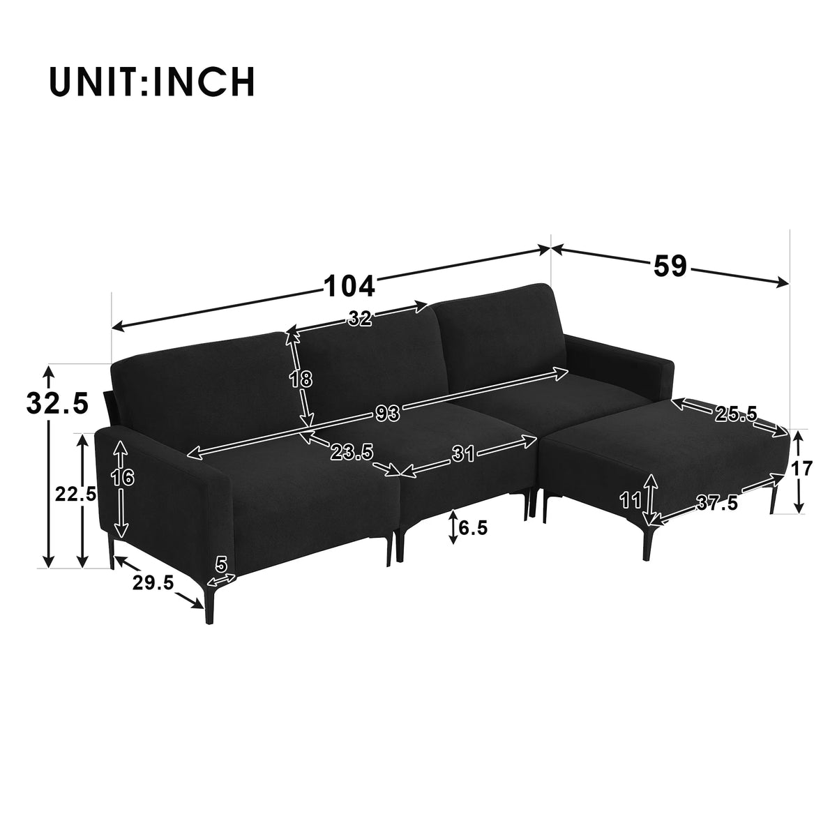 Dark Gray Velvet L Shaped Sectional Sofa with Ottoman C71030