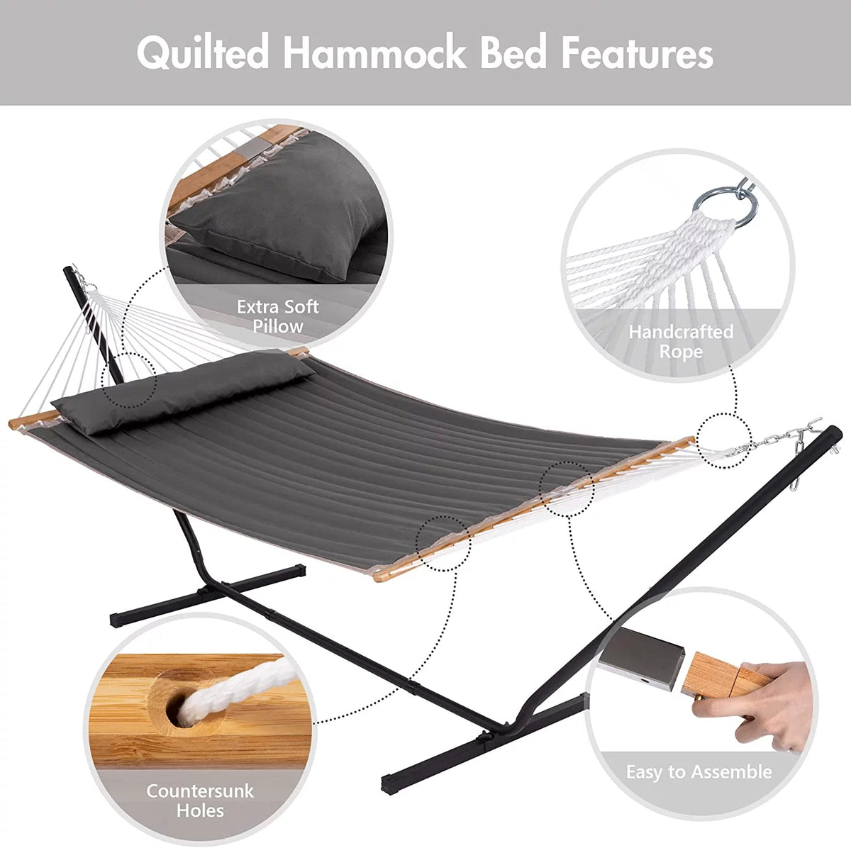 Dark Gray Polyester 2-in-1 Outdoor Hammock with Stand P937537