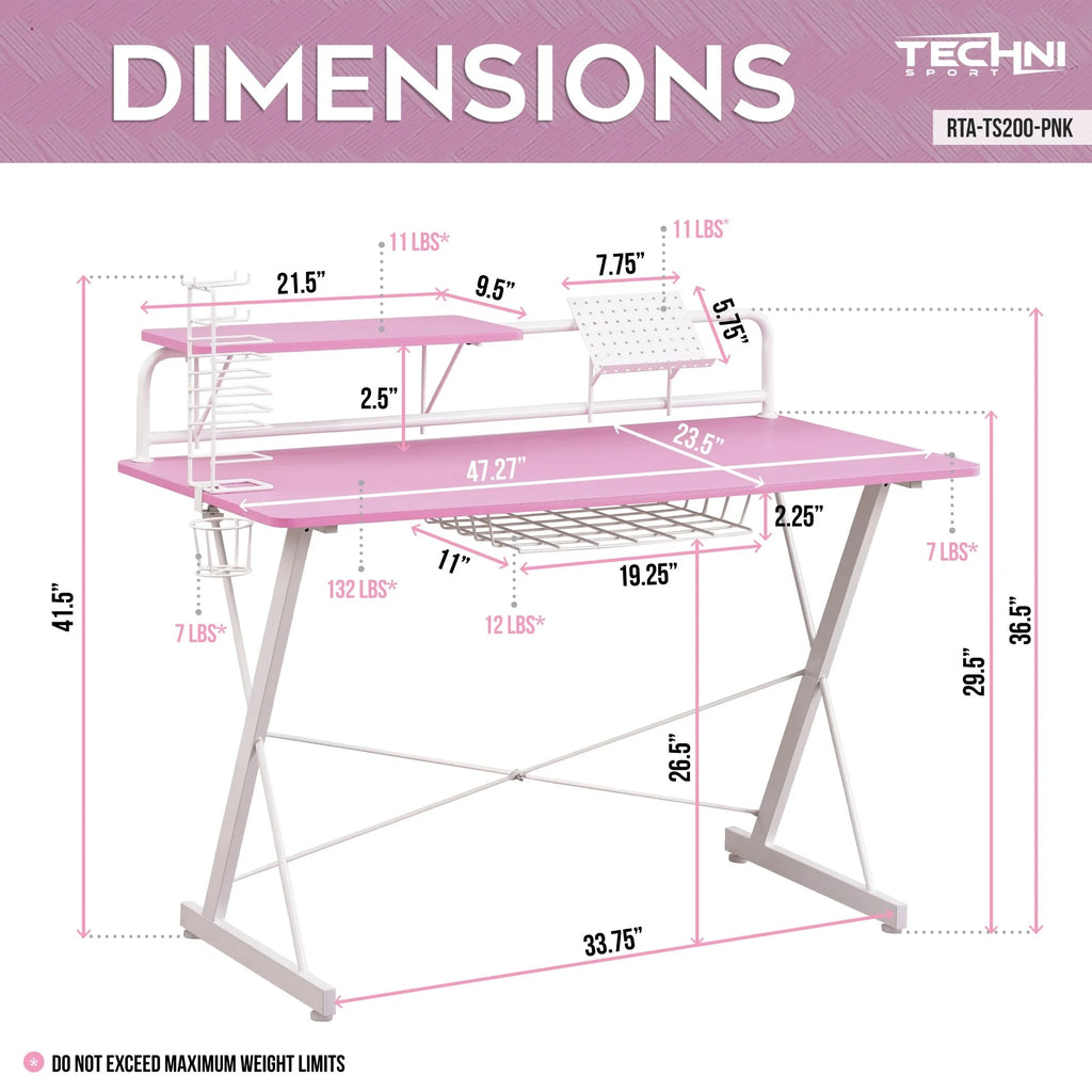 Computer Gaming Desk with Shelve - 41.5" - Pink and White B399