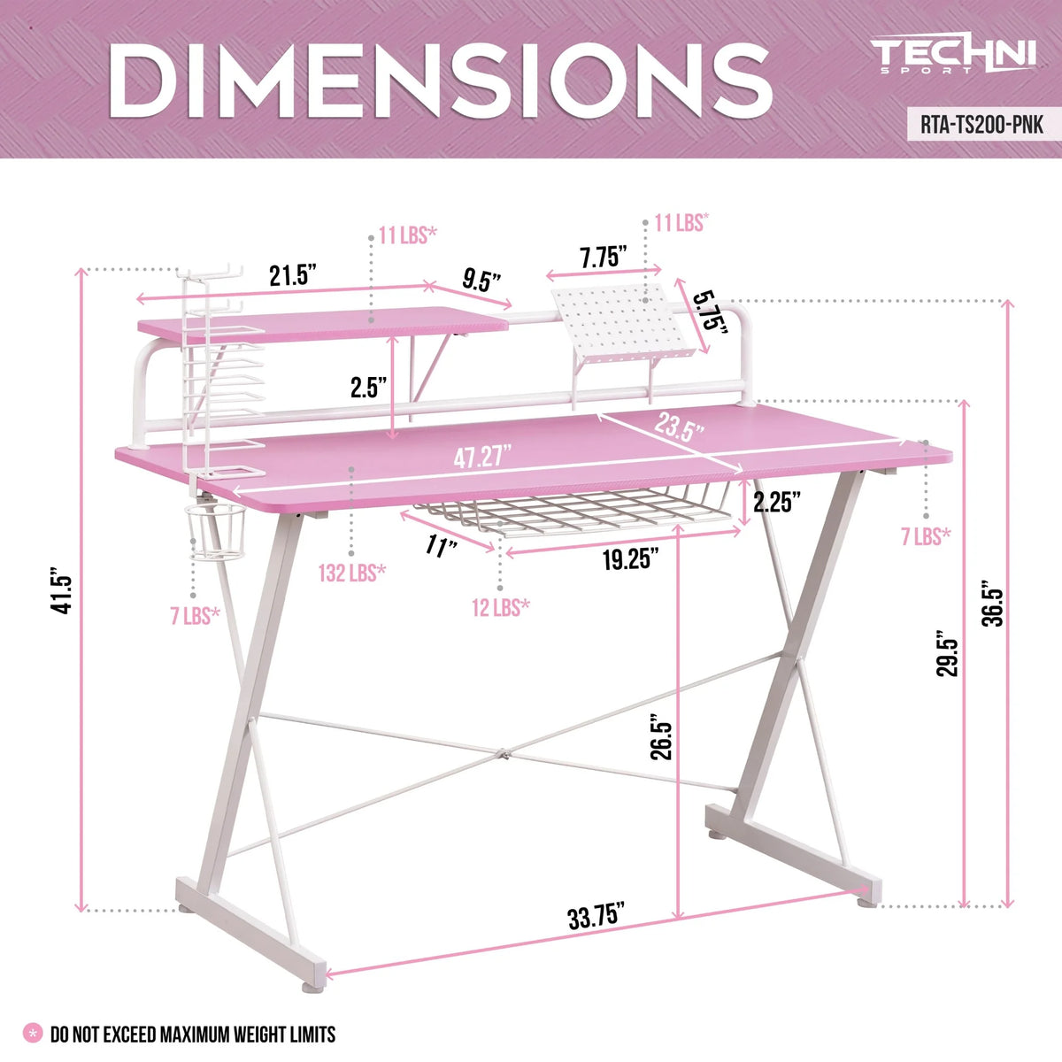 Computer Gaming Desk with Shelve - 41.5" - Pink and White B399