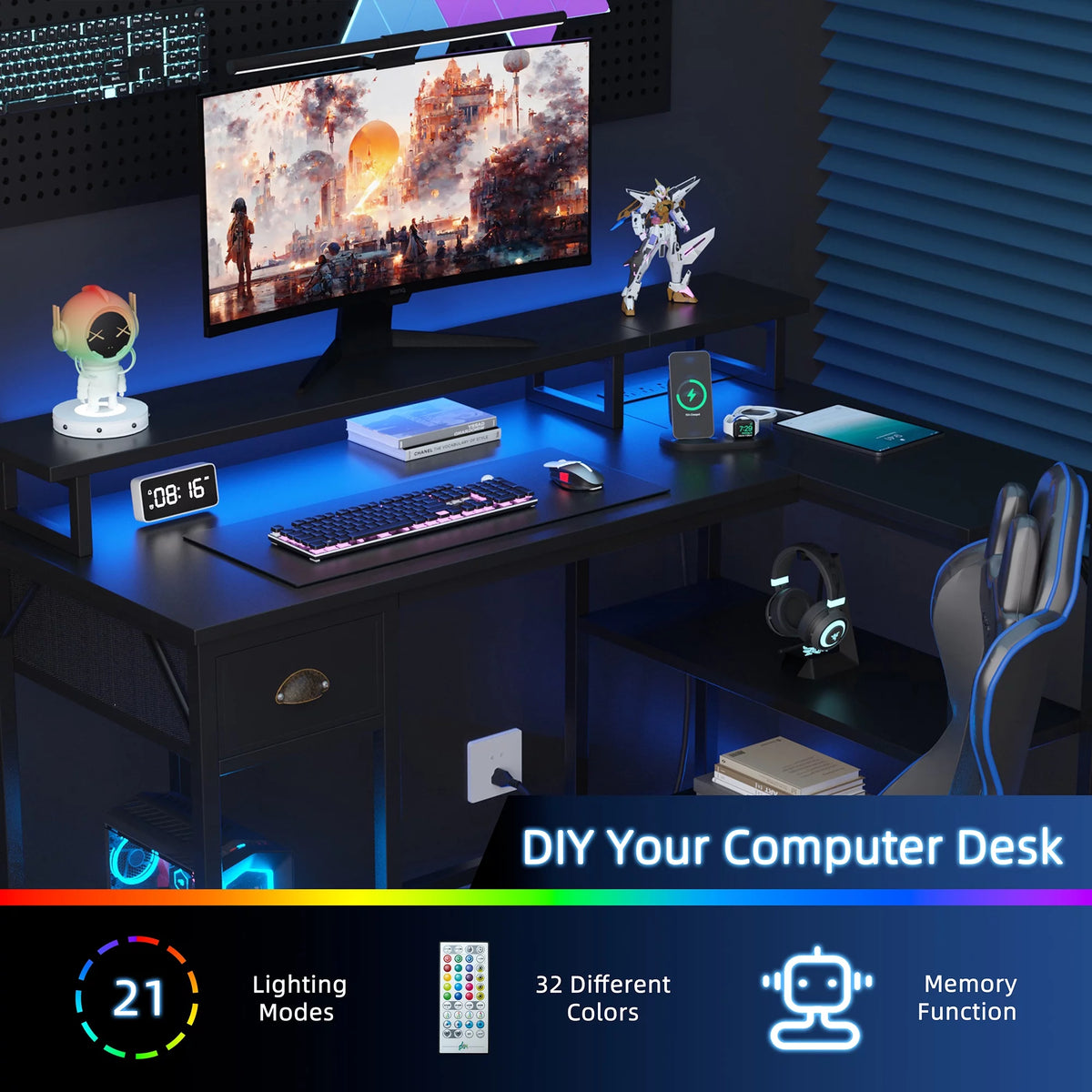 Black L Shaped Desk with Storage Shelves and Drawer T3477
