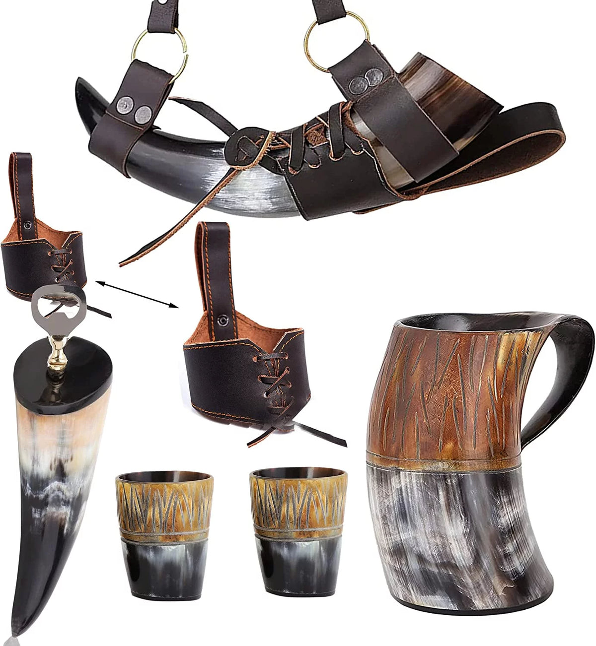 Handmade Natural Ox-Horn Drinking Horn Set with Belt Holster O26001